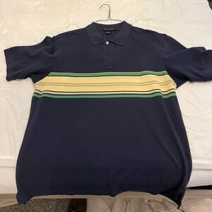 Blue polos with tan and green stripe on both front and back